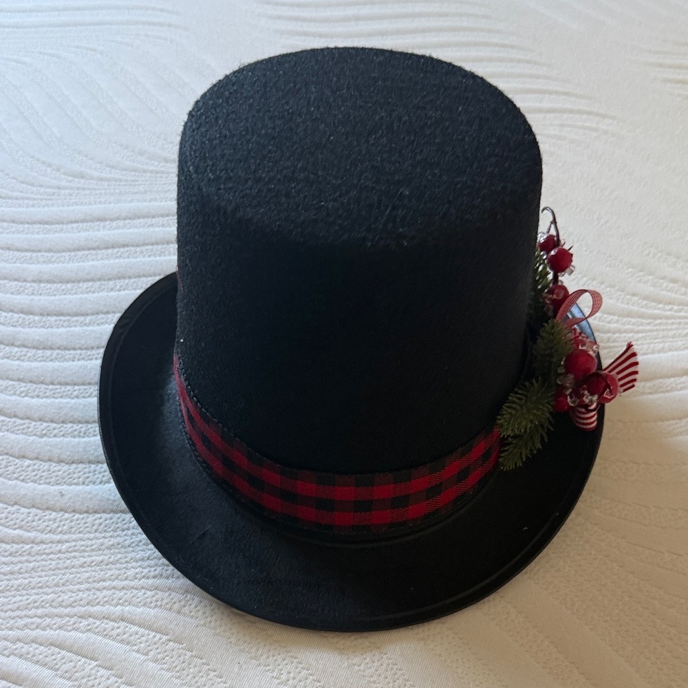Black Felt Top Hat with Red Plaid Band and Berry Accent